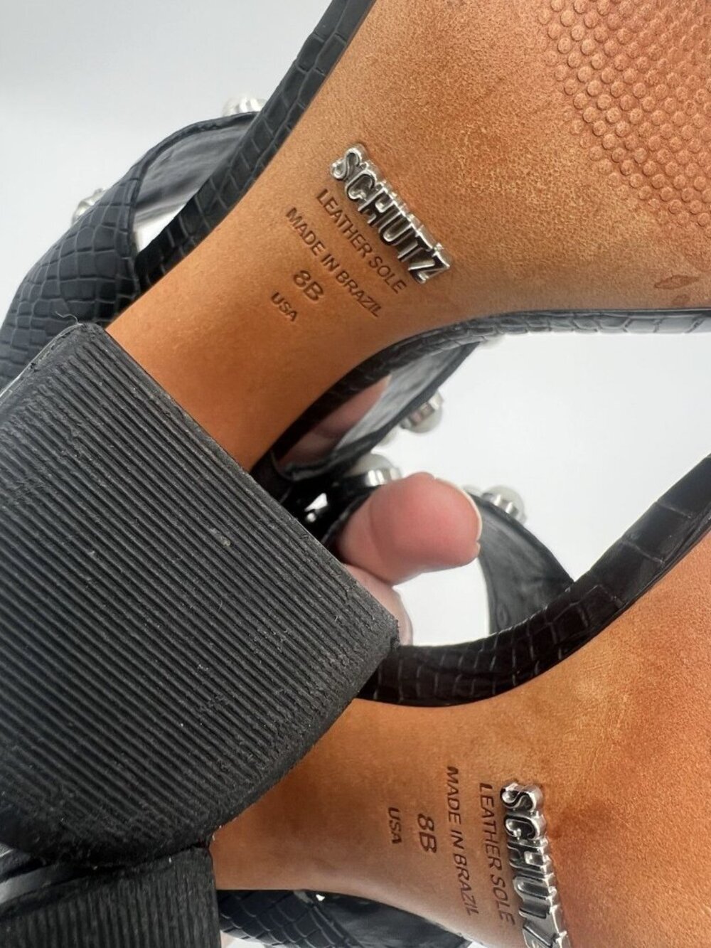Schutz Zarita Sandals 8B Black Croc Embossed Leather Pearl Stud Slingback Heels - Picture 14 of 15